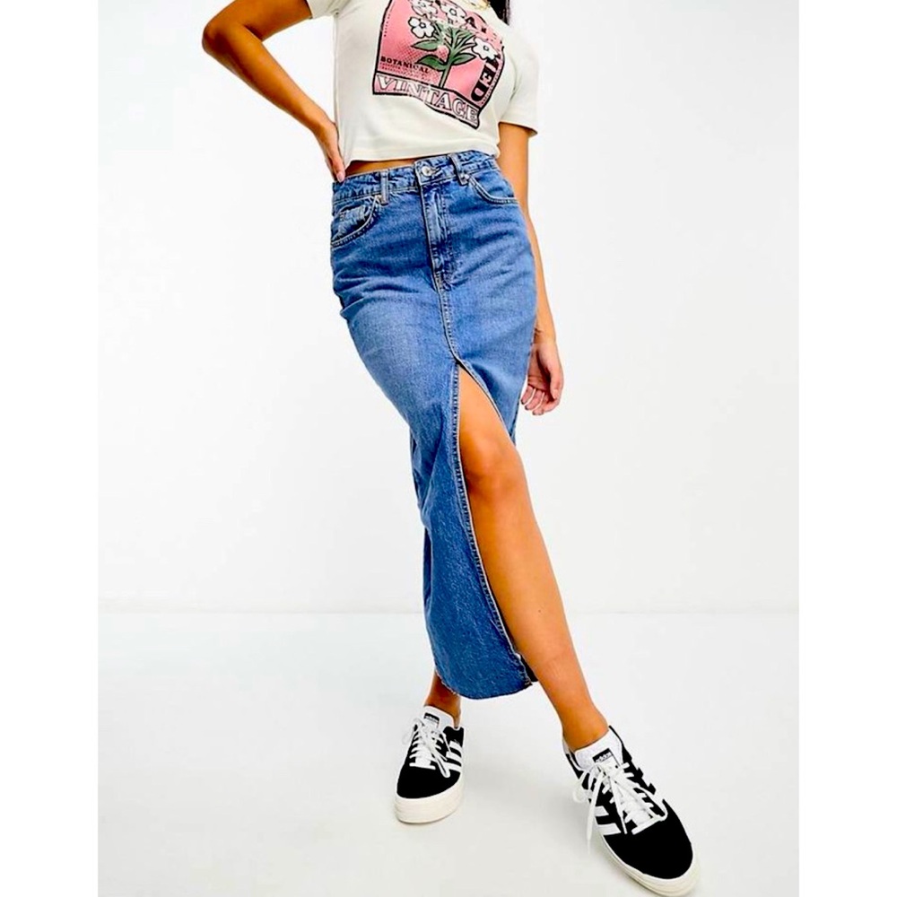 Stradivarius denim midi skirt with front split in midwash blue